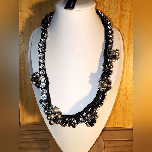 Ann Taylor Black Ribbon Faux Diamond And Pearl Cluster Necklace 18" NWT - Picture 1 of 7